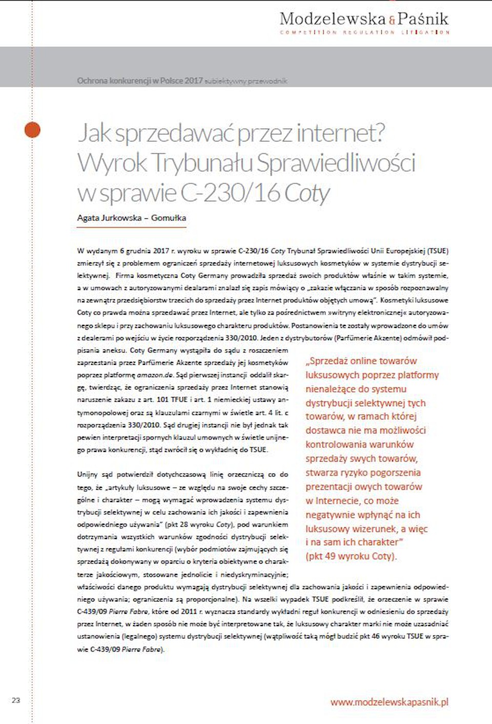 How to sell over the Internet? The judgment of the Court of Justice in case C-230/16 Coty