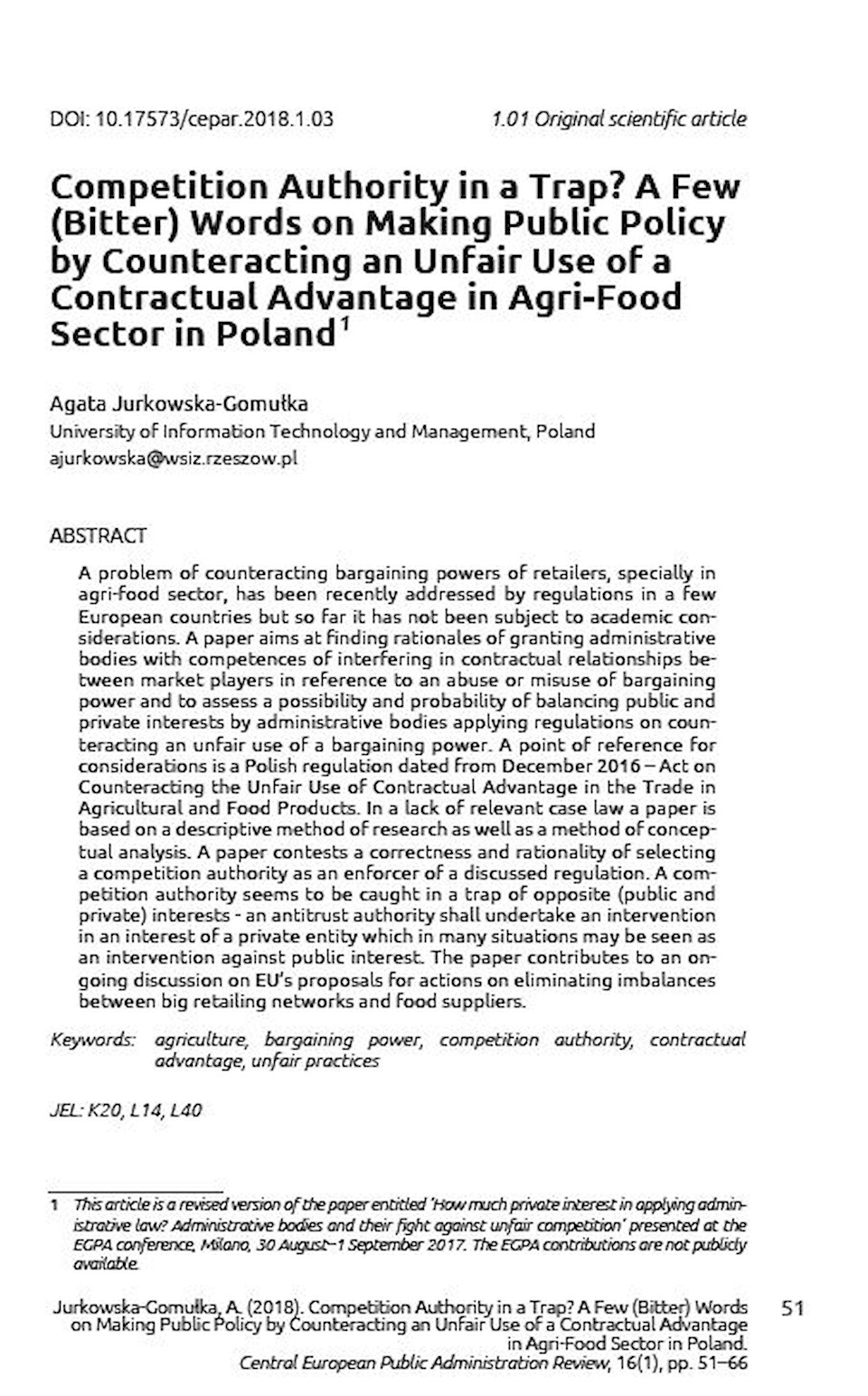 Competition authority in a trap? A few (bitter) words on making public policy by counteracting an unfair use of a contractual advantage in agri-food sector in Poland