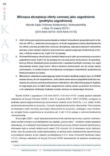 Silent approval of a price offer as concertation (concerted practice). Judgments of the Competition and Consumer Protection Court of 18 March 2013, AmA 40/10 i XVII AmA 41/10)